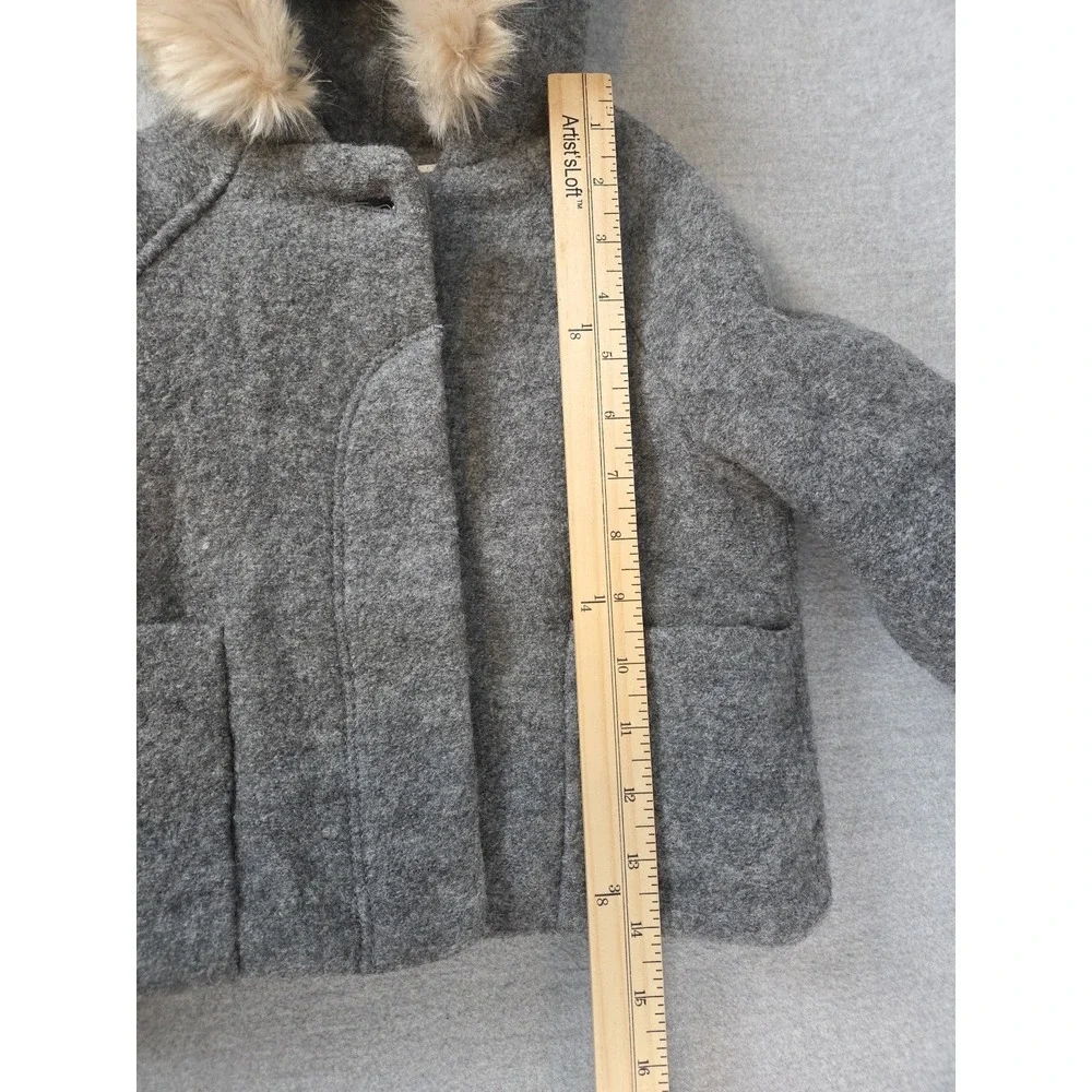 Zara Kids Girls 18 Months Wool Duffle Pea Coat Gray Faux Fur‎ Hood Trim Classic